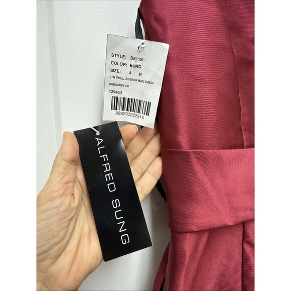 Alfred Sung Size 4 Burgundy D811S Off Shoulder Satin Maxi Gown Cocktail Dress - Picture 8 of 11
